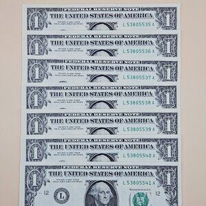 7 ($1) Dollar Bills Uncirculated Sequential (EACH SLEEVED) - Series 2021 (B197)